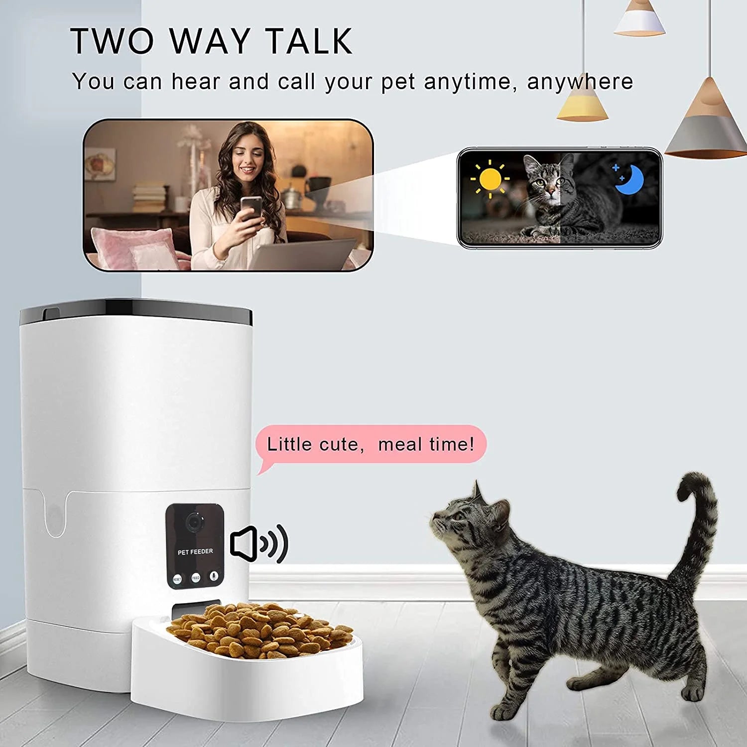 "6L Automatic Pet Feeder for Cats and Dogs with 1080P Camera, App Control, Voice Recorder, Timed Feeding, Dual Power Supply, and WiFi Connectivity.