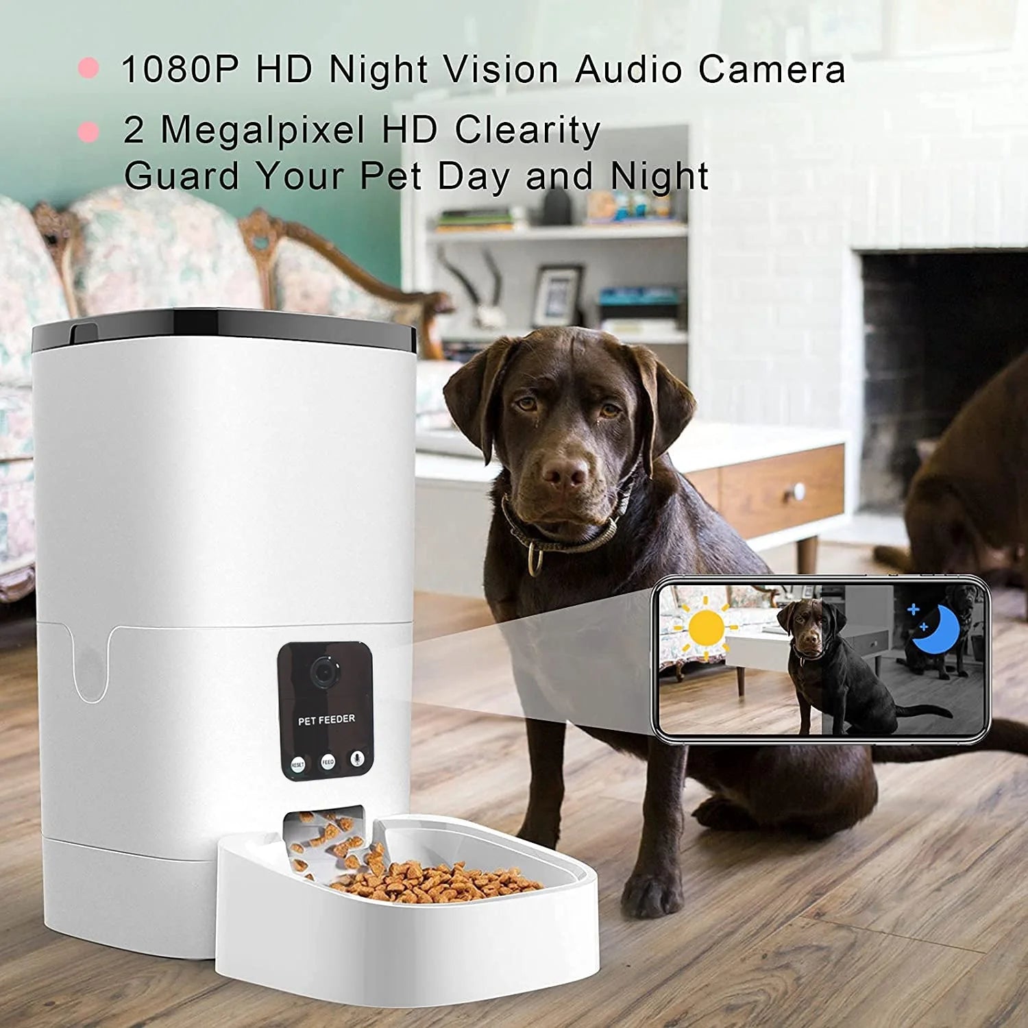 "6L Automatic Pet Feeder for Cats and Dogs with 1080P Camera, App Control, Voice Recorder, Timed Feeding, Dual Power Supply, and WiFi Connectivity.