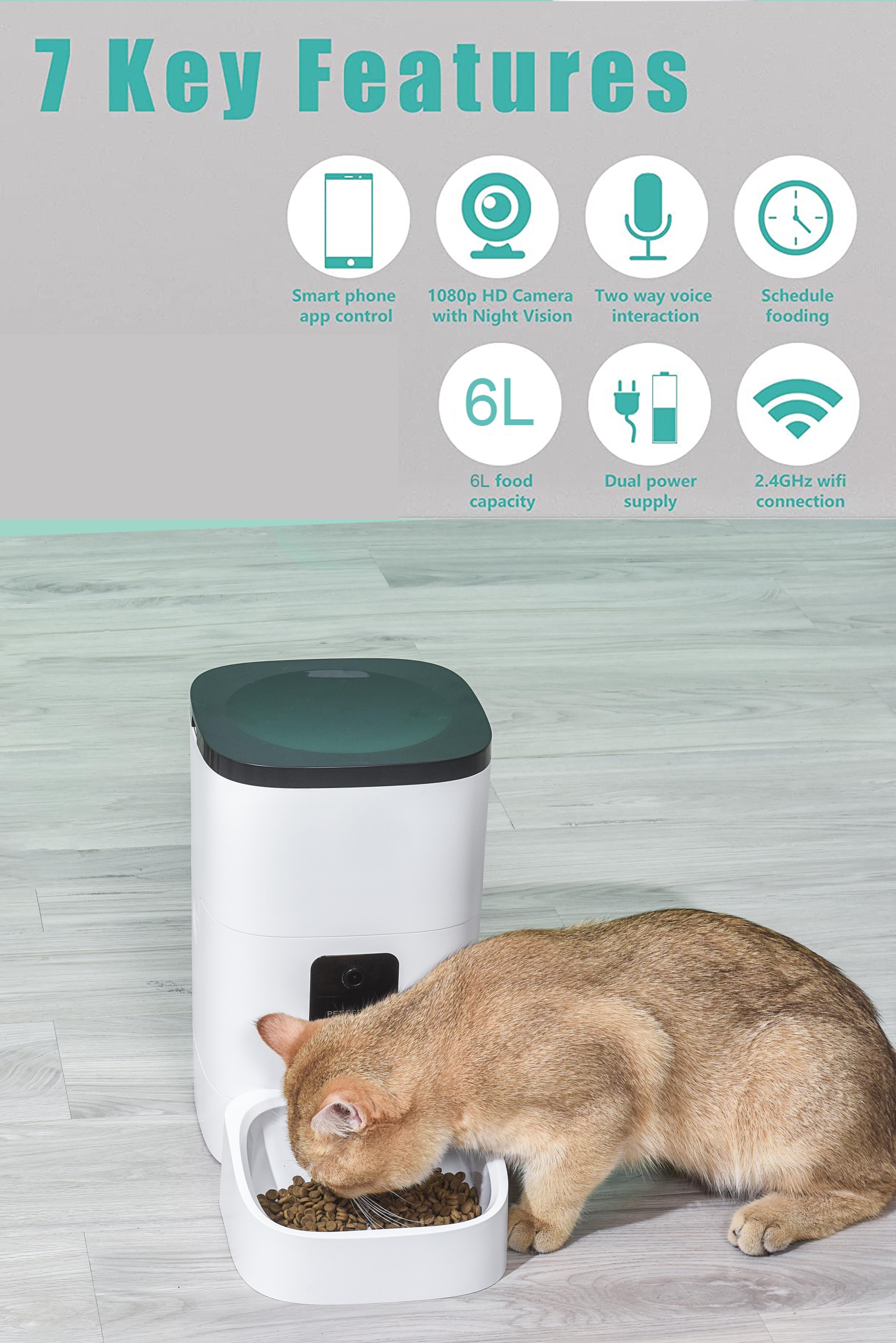 "6L Automatic Pet Feeder for Cats and Dogs with 1080P Camera, App Control, Voice Recorder, Timed Feeding, Dual Power Supply, and WiFi Connectivity.