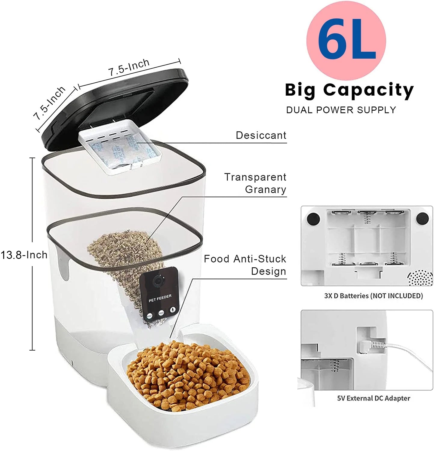 "6L Automatic Pet Feeder for Cats and Dogs with 1080P Camera, App Control, Voice Recorder, Timed Feeding, Dual Power Supply, and WiFi Connectivity.