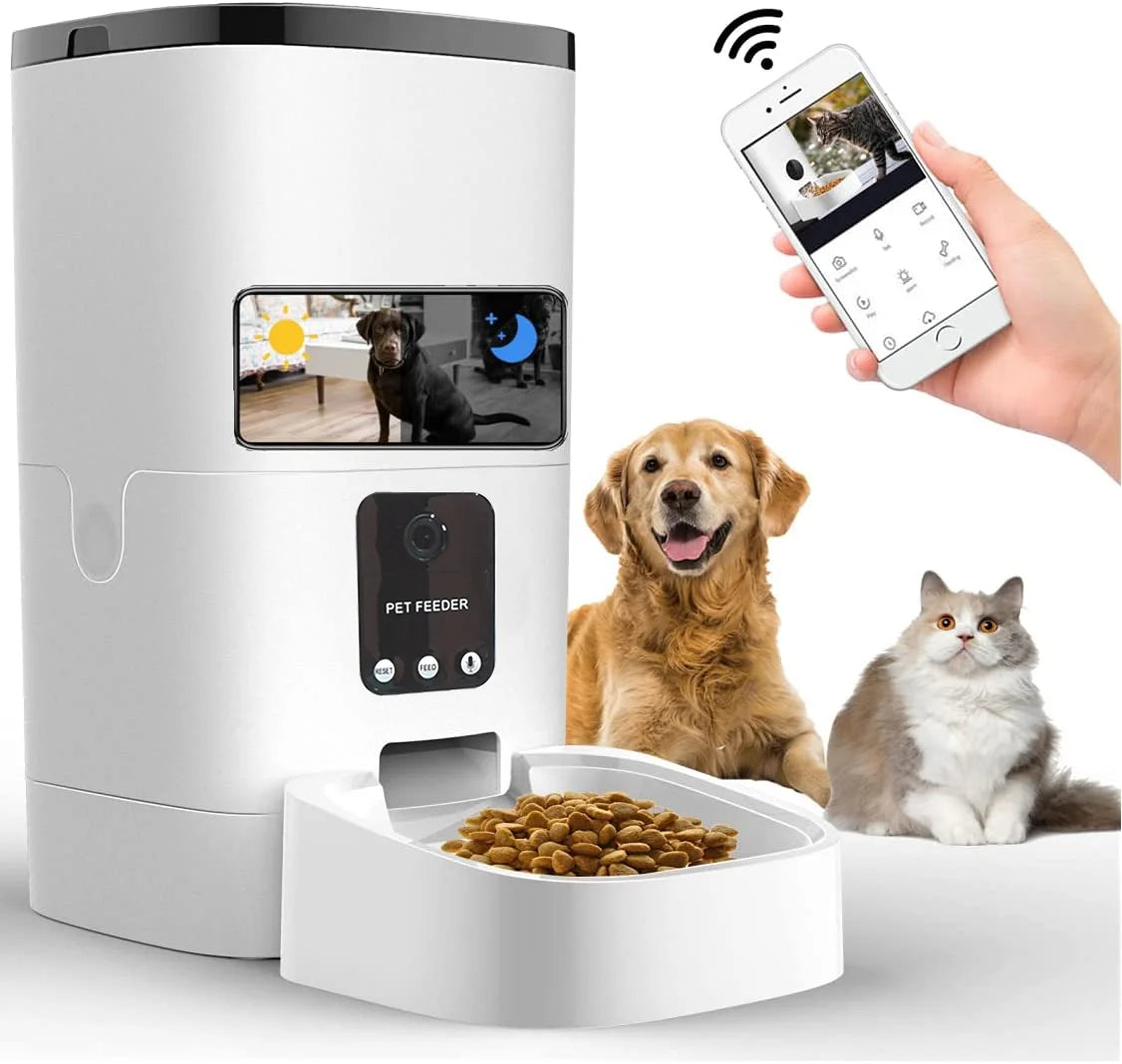 "6L Automatic Pet Feeder for Cats and Dogs with 1080P Camera, App Control, Voice Recorder, Timed Feeding, Dual Power Supply, and WiFi Connectivity.