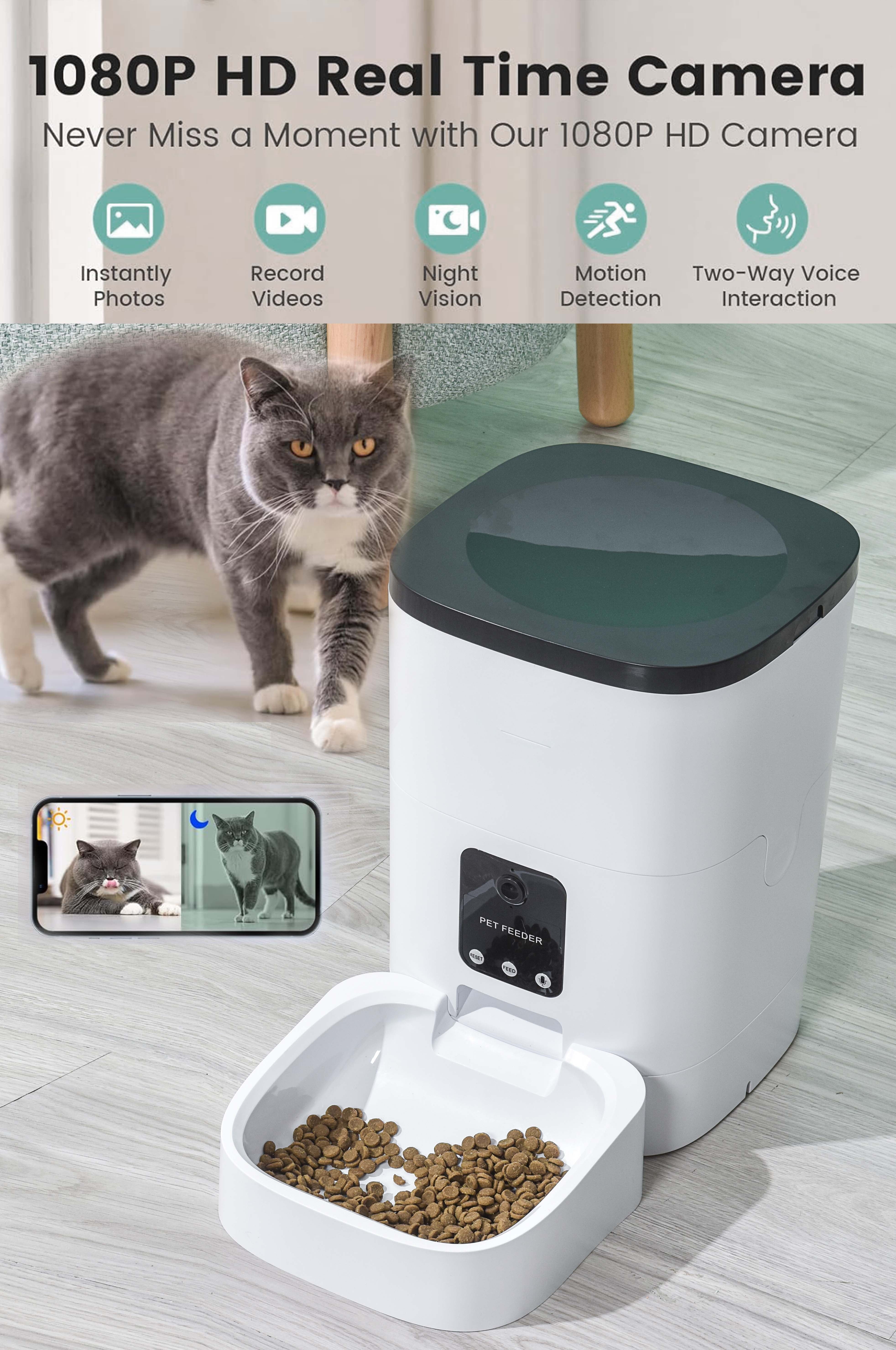 "6L Automatic Pet Feeder for Cats and Dogs with 1080P Camera, App Control, Voice Recorder, Timed Feeding, Dual Power Supply, and WiFi Connectivity.